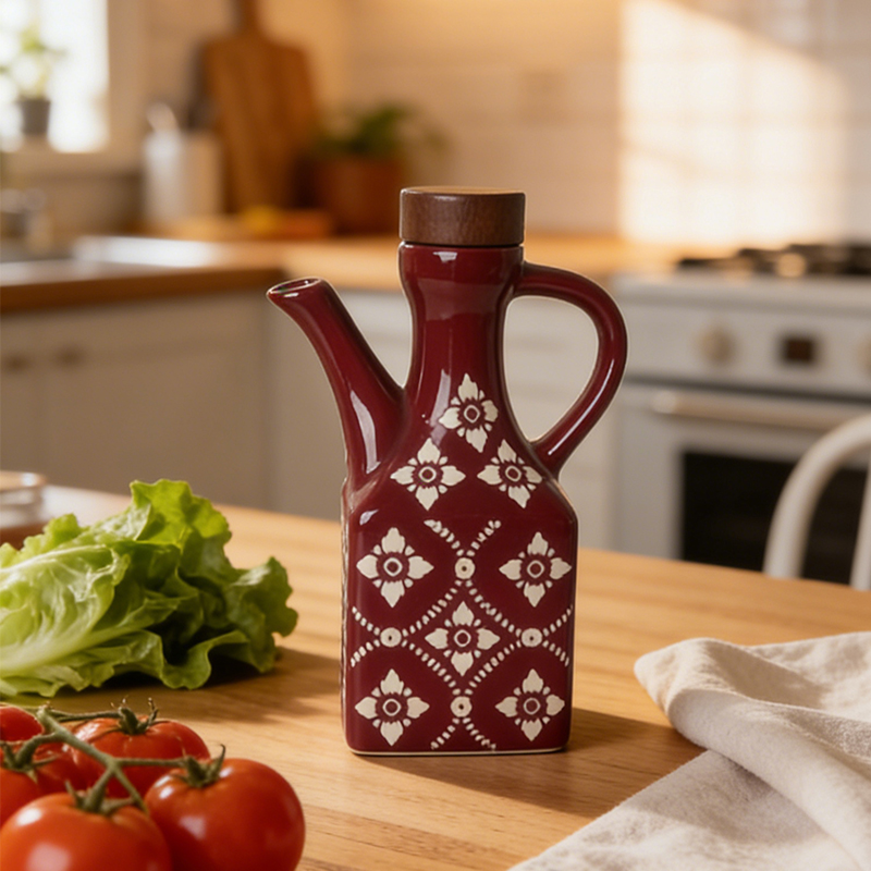 陶瓷复古家用手绘印花红隔离油壶醋壶酱油料香油壶储物容器（小号）