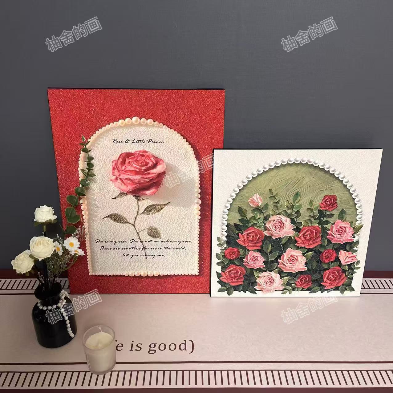 现代复古玫瑰花卉装饰画客厅卧室挂画入户玄关高级感摆画