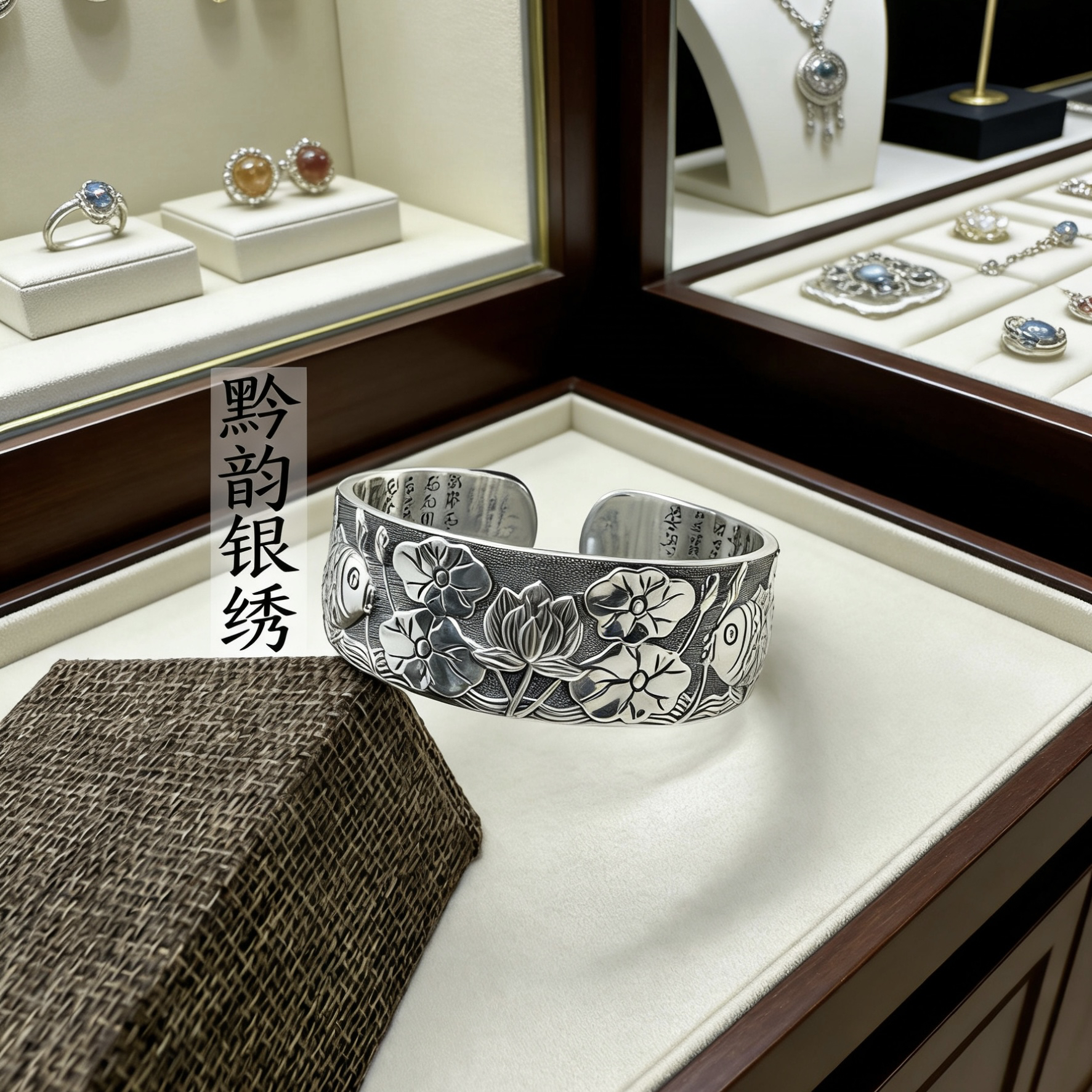 足银手镯  黔韵银绣 足银复古荷花鱼开口手镯新款爆款高级感正品