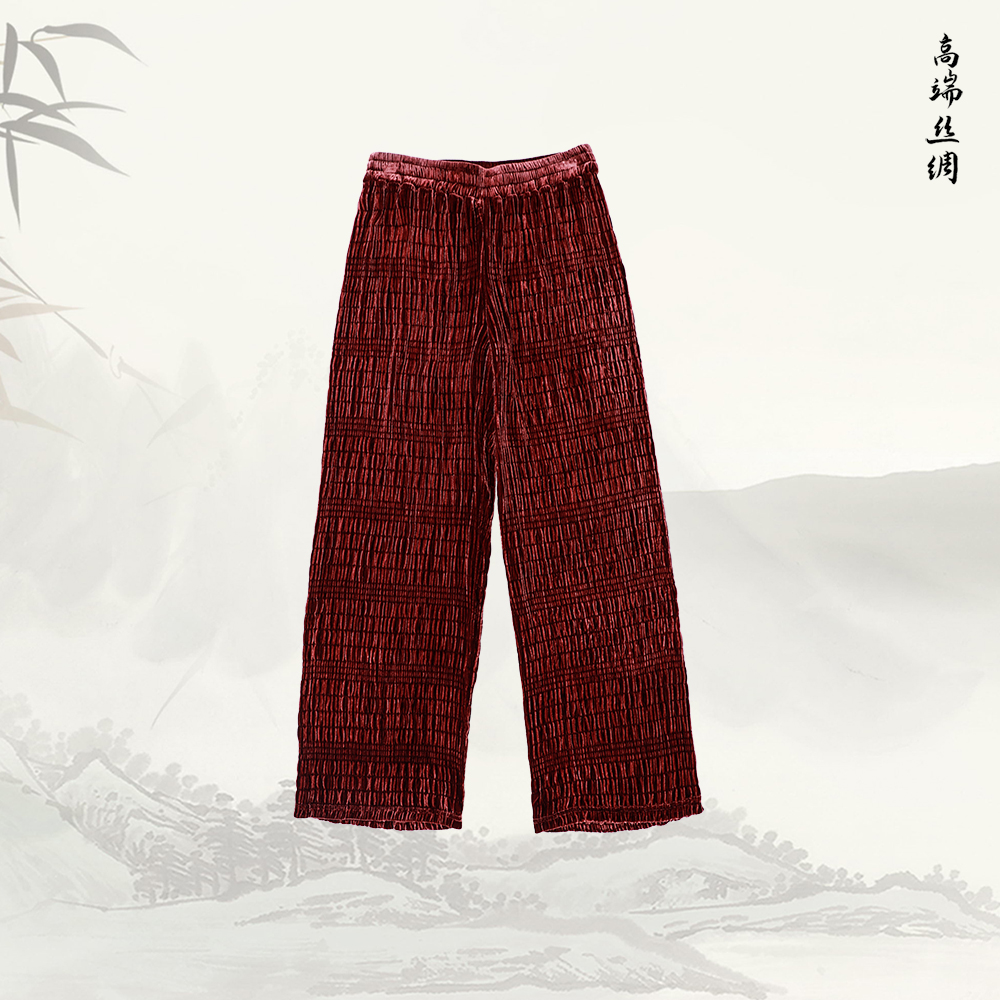 新款100%桑蚕丝弹力丝绒松紧直筒裤529324