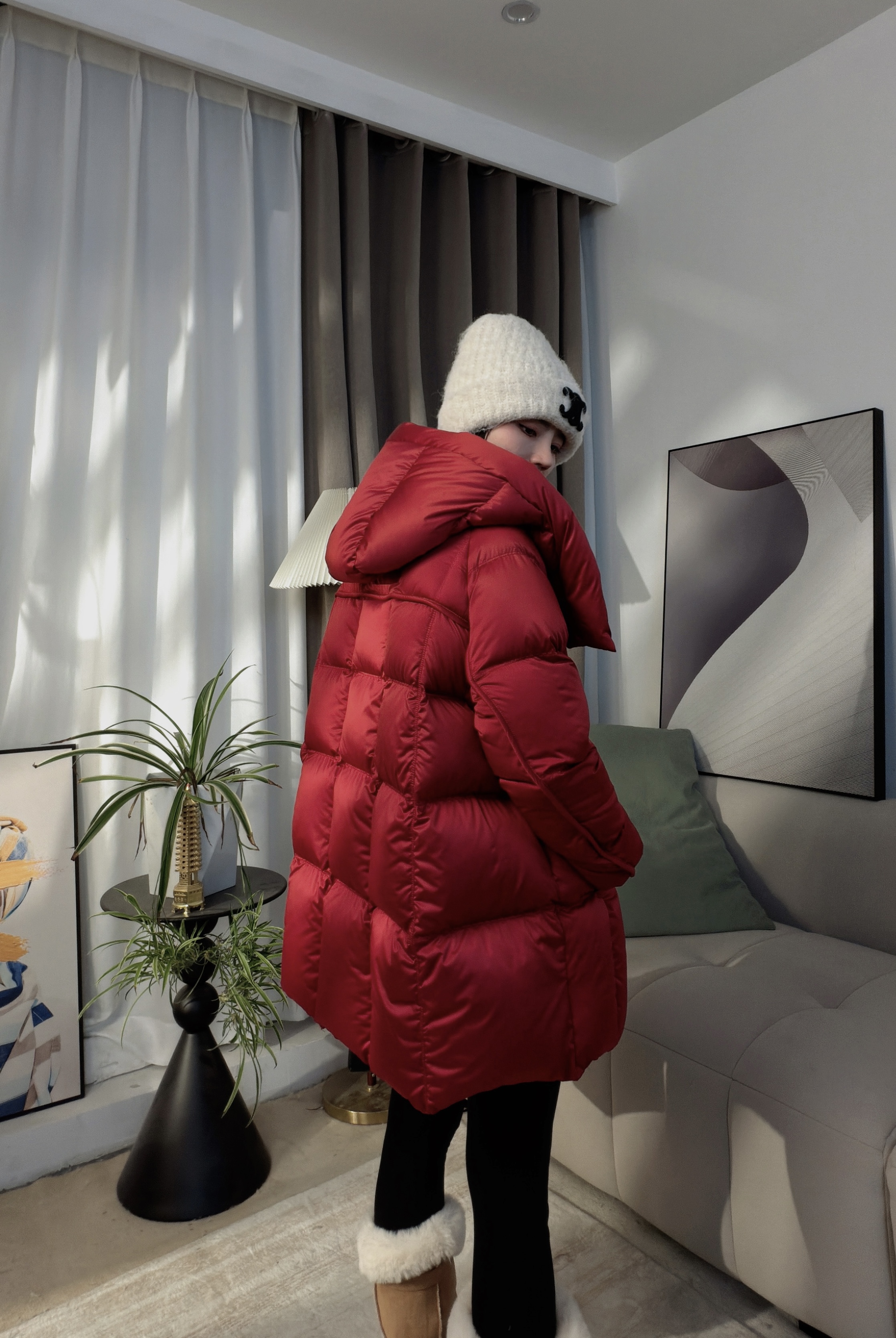 25新款塔夫绸珠光缎面95新国标白鹅绒服【帽子可拆卸】中长款羽绒服