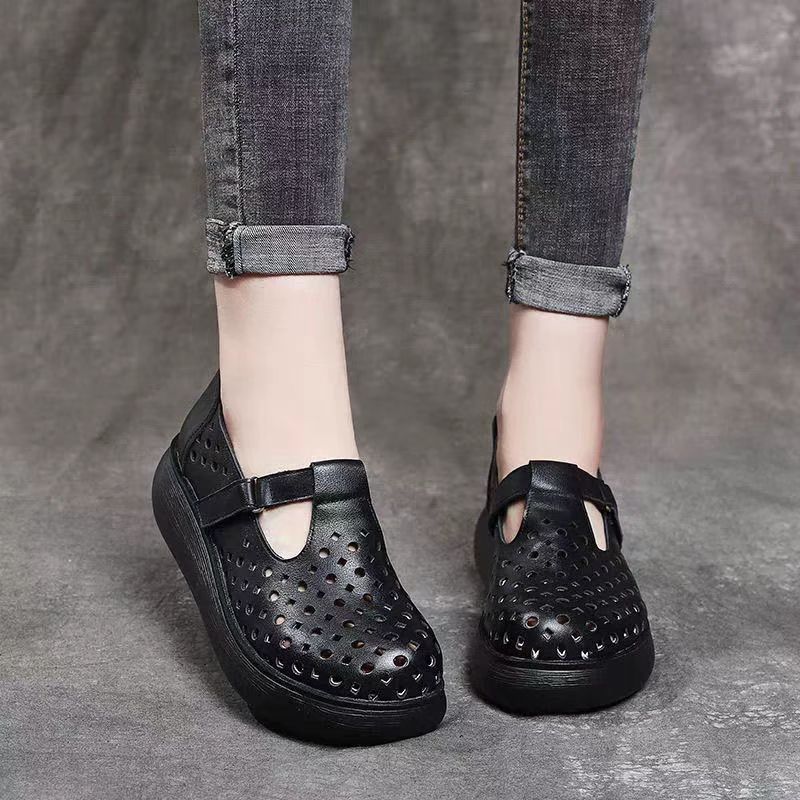 平底女春夏季新款厚底休闲舒适透气镂空单鞋圆头软底洞洞鞋