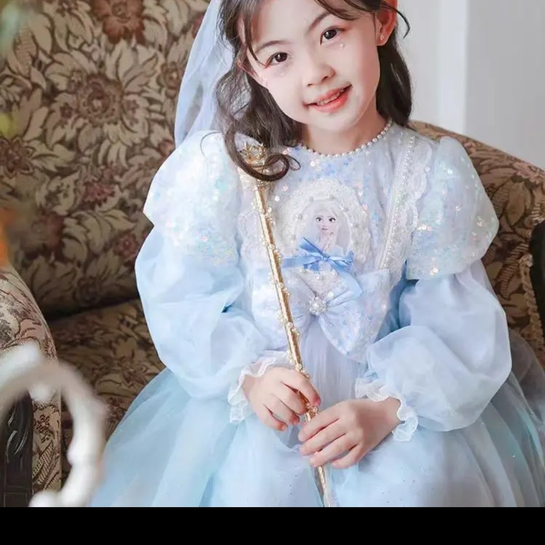 女童爱莎公主裙秋冬加绒网纱发光生日礼服长袖蓬蓬连衣裙子
