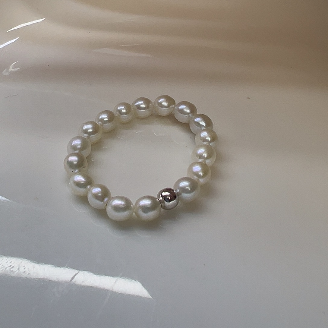 戒指淡水珍珠银S925镶嵌松紧小米珠戒指