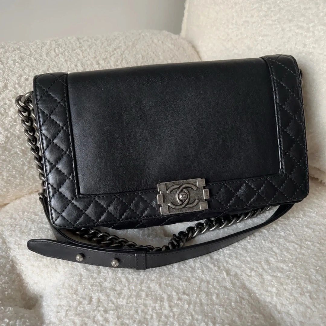95新 Chanel/香奈儿 香奈儿中古leboy中号黑银软牛皮/优品