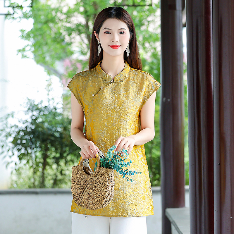 稣锦香-《暮云金沙》中式国风女盘扣薄款浮光锦短袖短款上衣BD-628