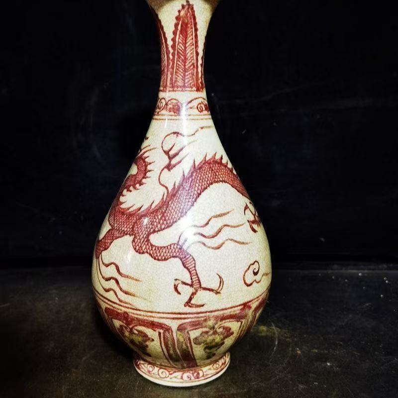 釉里红龙纹民窑玉壶春瓶老货作客厅博古摆件