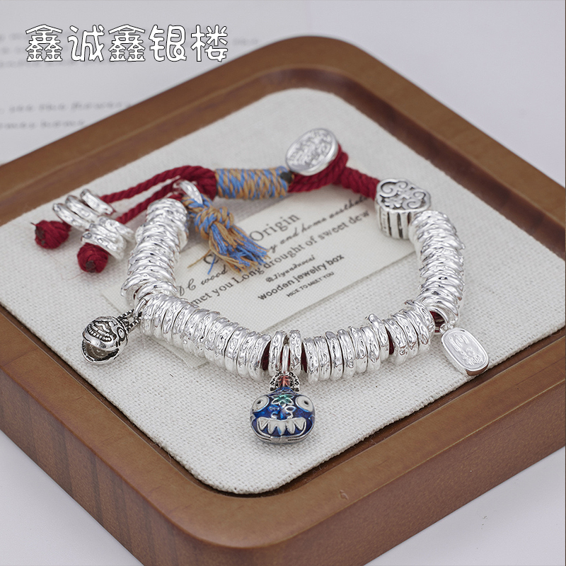 足银手链  999.9【04】42克时尚编织红绳吞金兽民族风手编古风女325