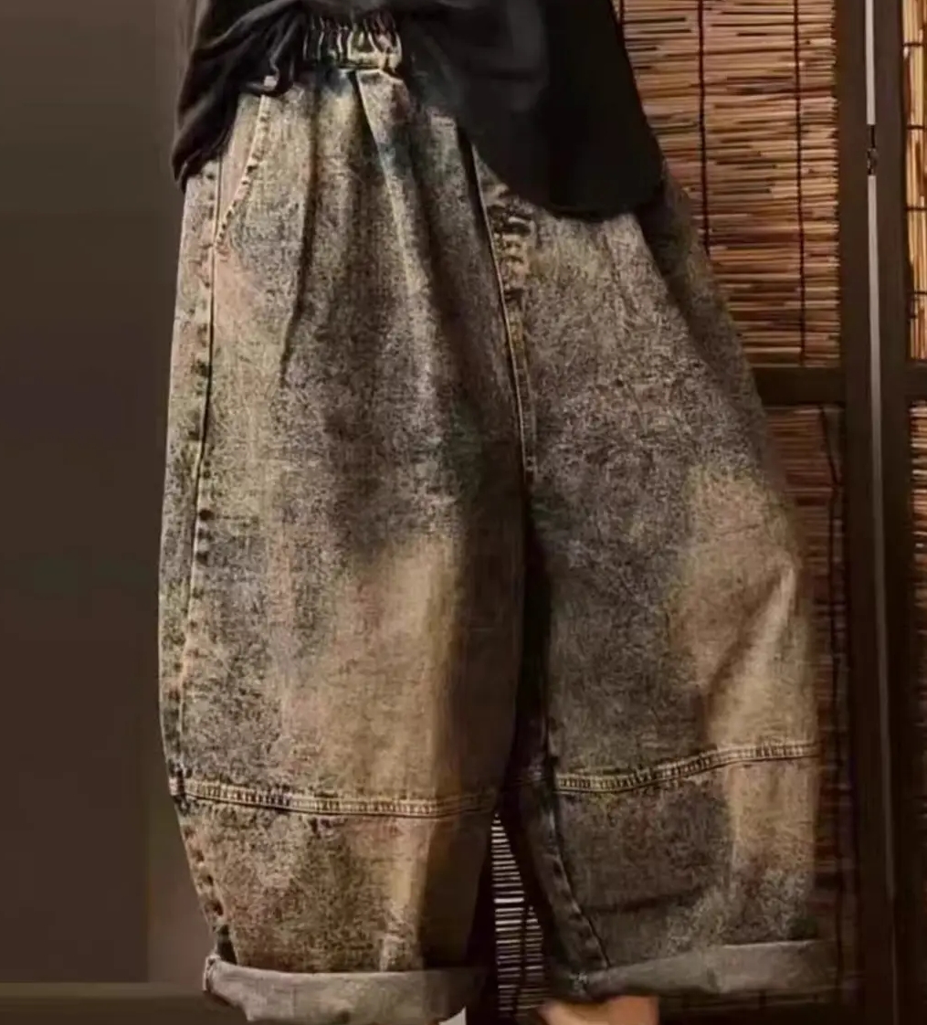 新款复古炒色砂洗个性牛仔裤宽松显瘦老爹裤【裤长86臀围140】