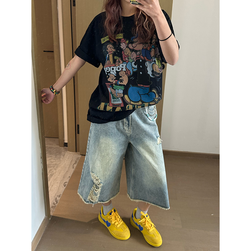 【免费试穿】美式破洞毛边七分牛仔短裤女夏季高腰宽松阔腿乞丐中裤