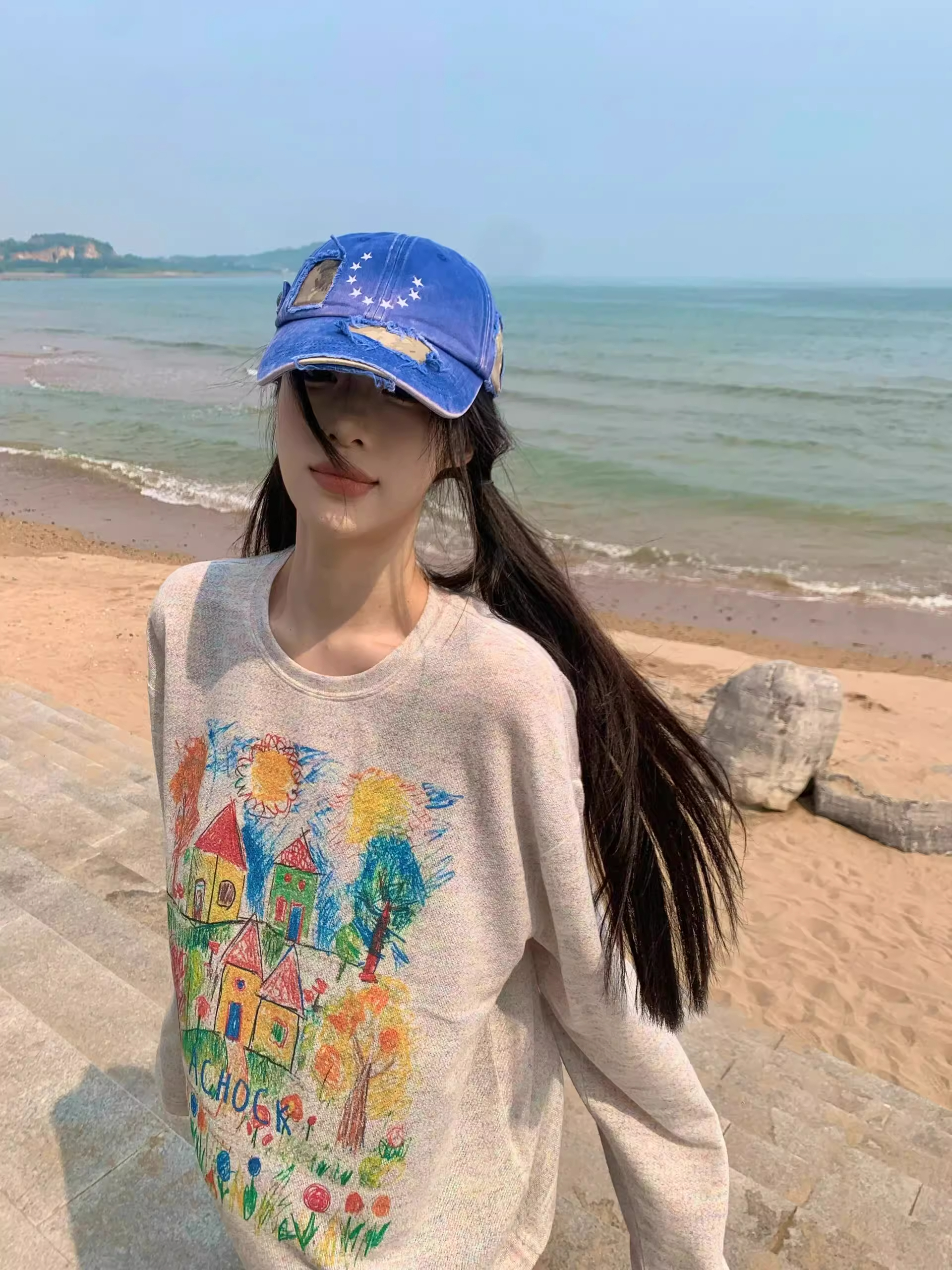 国潮牌彩色手绘涂鸦防晒罩衫女夏季薄纱设计感小众宽松慵懒风上衣