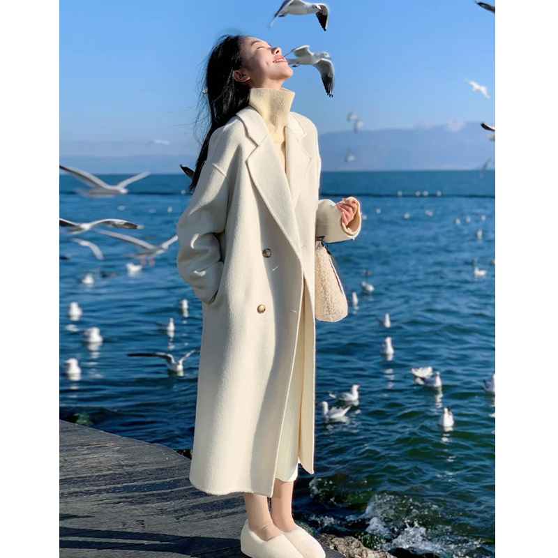米白色大衣女中长款高级感双排扣双面绒秋冬新款毛呢新款潮牌女装