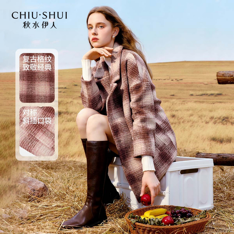 【小铃铛】秋水伊人复古格纹宽松大衣年冬季新款女中长款毛