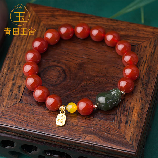 天然南红玛瑙配和田玉貔貅手串10mm左右-113
