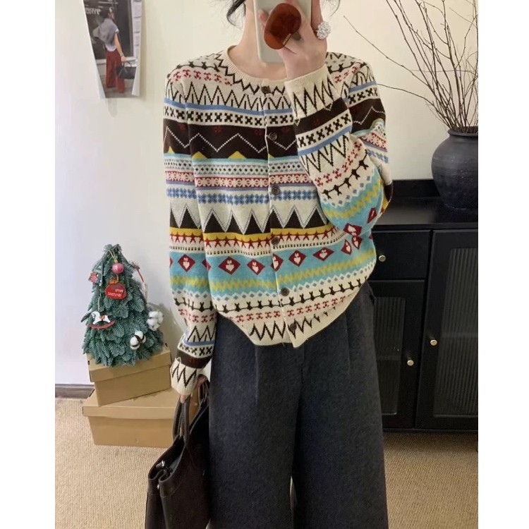 【超细绵羊毛】费尔岛复古民族风提花圆领针织开衫女秋冬毛衣外套