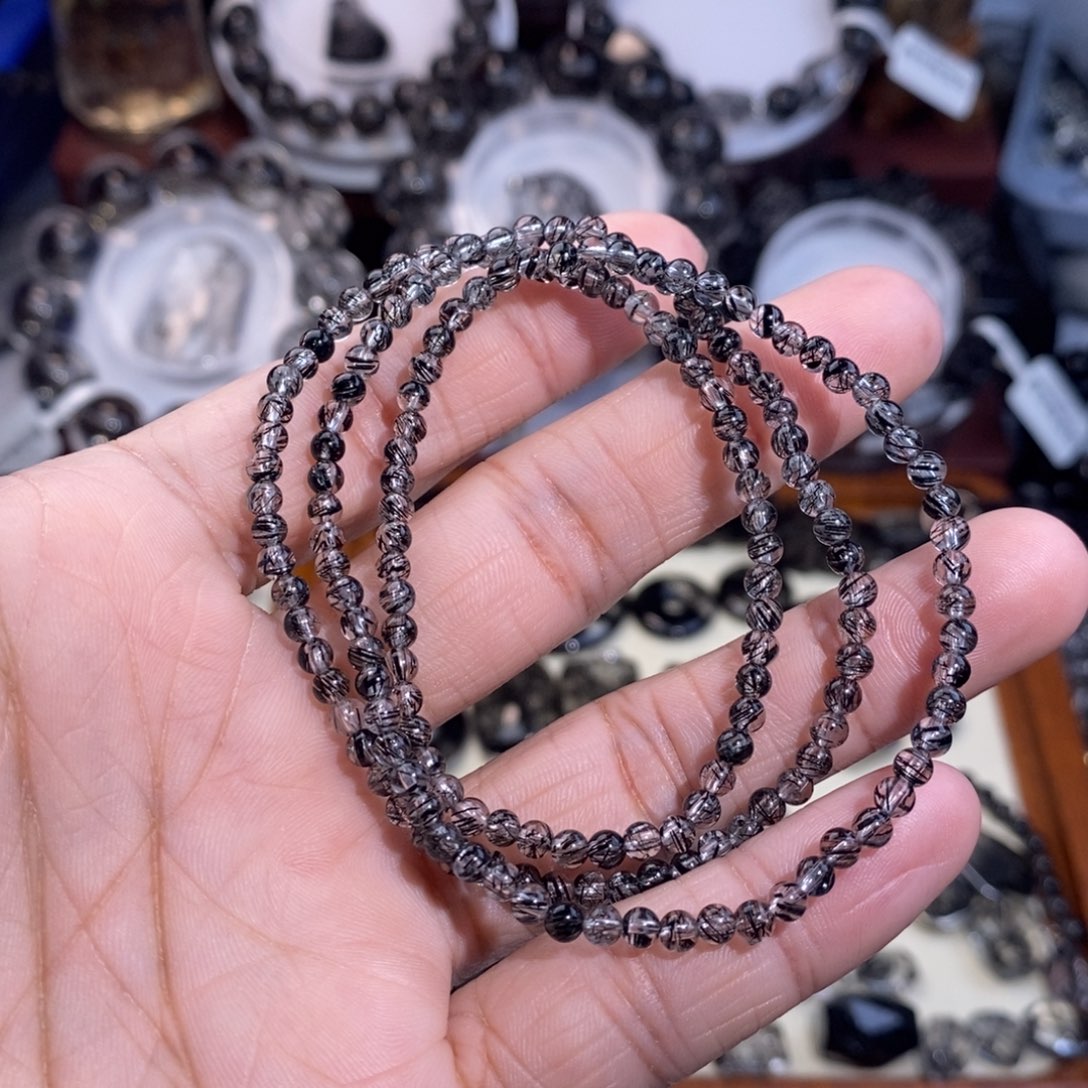 未镶嵌手链水晶黑发晶三圈3mm全透体满发蕾丝