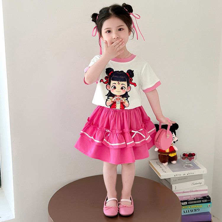 哪吒儿童服装夏女童短袖t恤套装裙子2025款小女孩蛋糕裙夏装4335