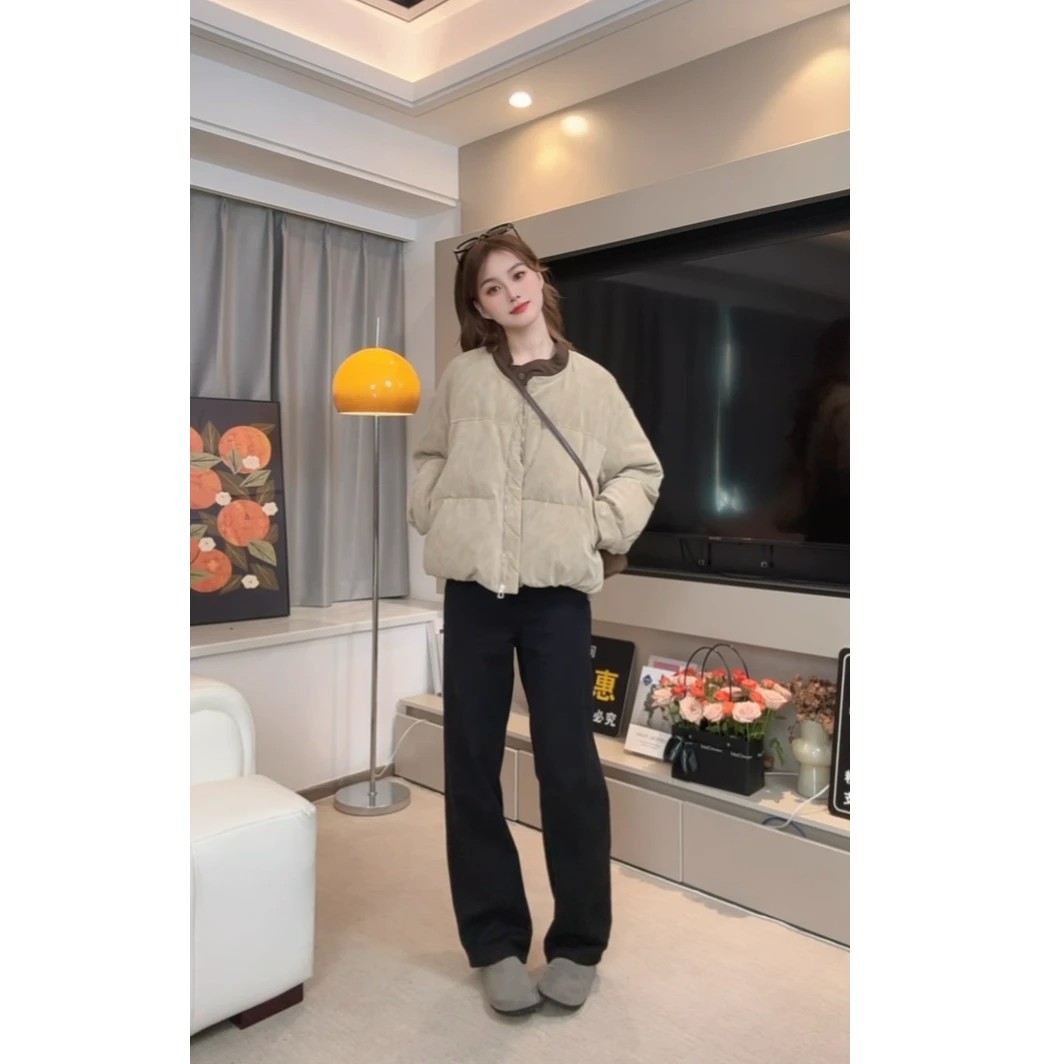 卡其色韩版小个子拼接立领棉服女2025冬季新款斜翻盖口袋面包服