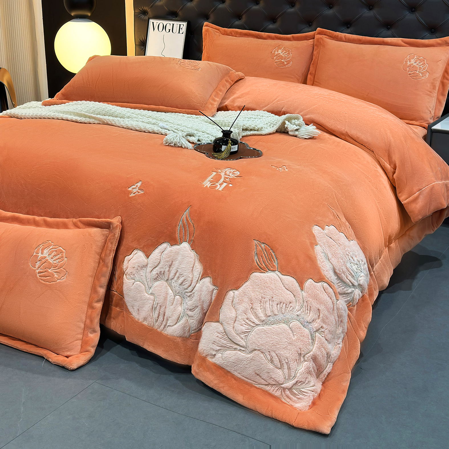 【芙蓉】橙绣花加厚牛奶绒绒四件套刺绣婴肤绒绒被套大床单枕套