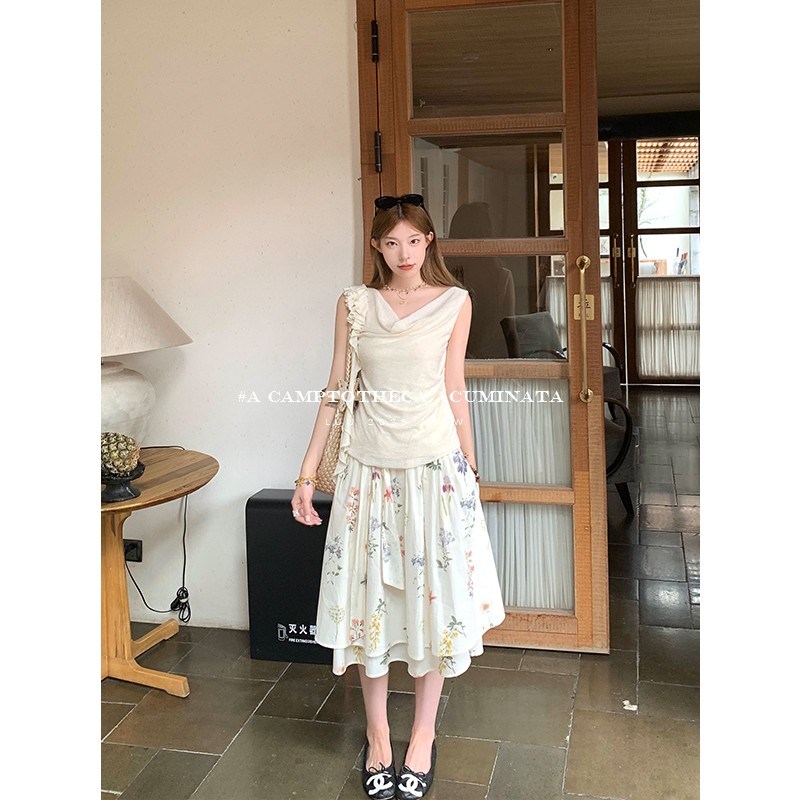 LUU桃喜儿/碎花系带设计感半身裙女夏纯棉a字宽松中长款小众裙子