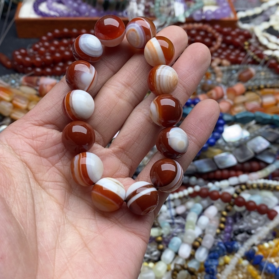 C***9玛瑙/玉髓未镶嵌珠宝半成品一条天然羊百眼14mm手链