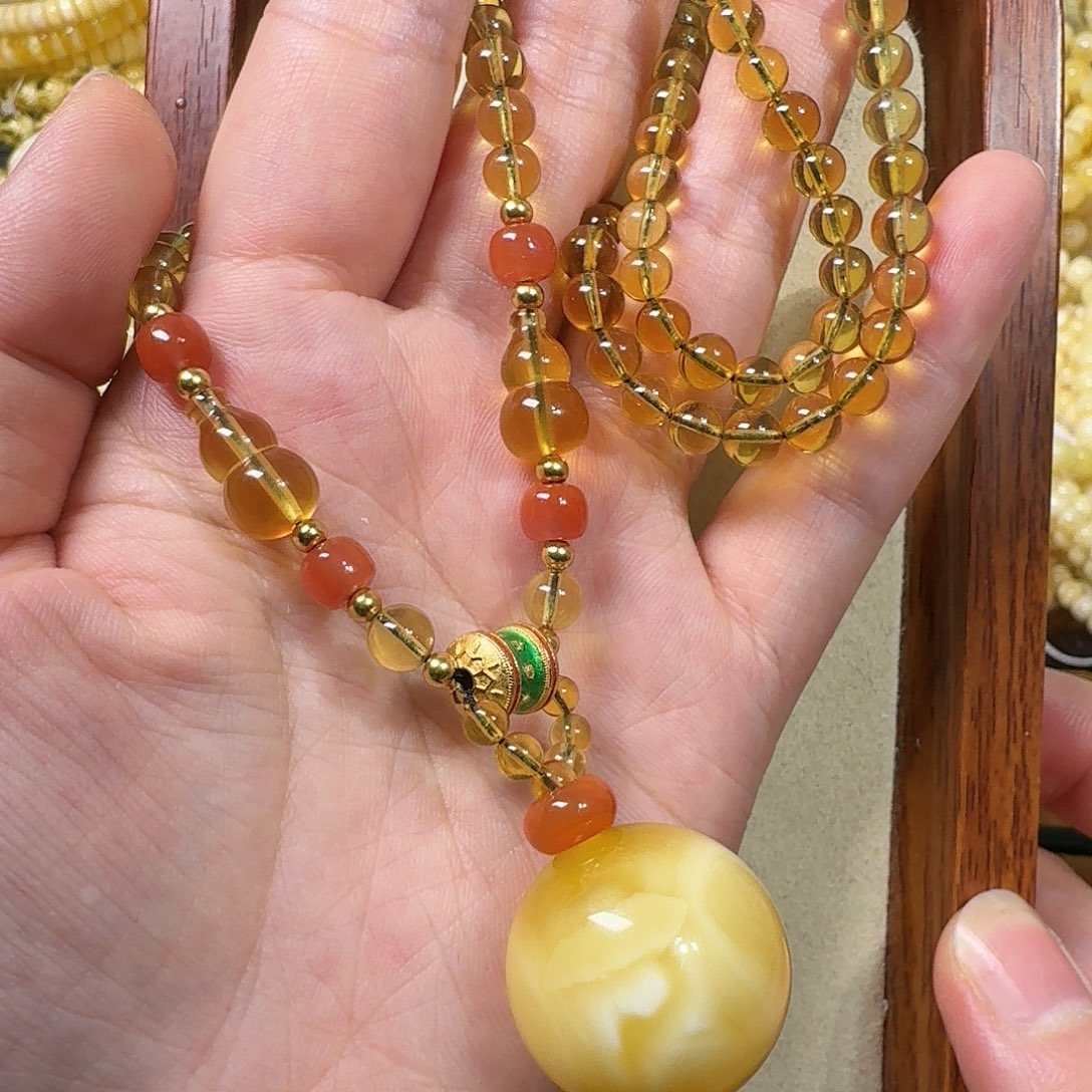 蜜蜡未镶嵌颈饰白花蜜蜡锁骨链，大珠23m+