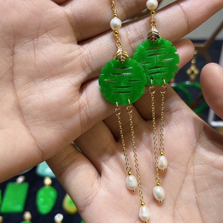 翡翠颈饰银S925镀金镶嵌耳饰