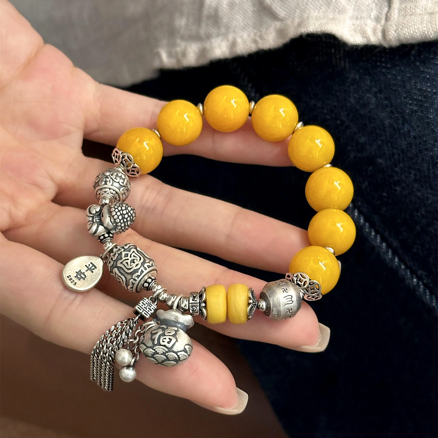 925银手链 S11918 福袋平安喜乐双喜流苏弹手串民族风手链新中式