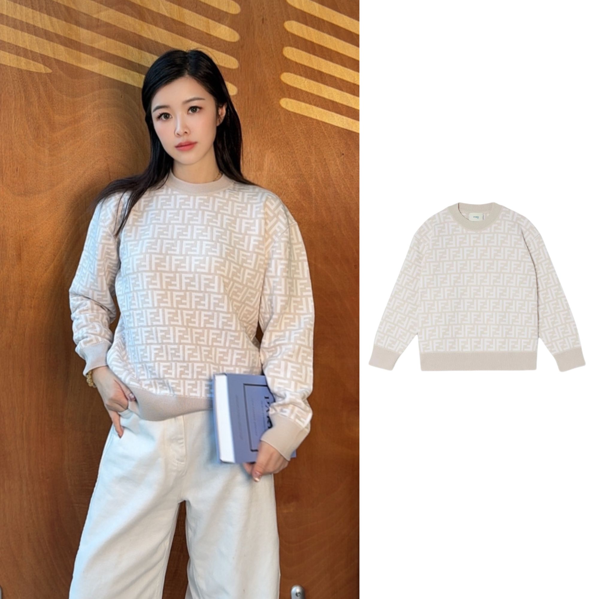 未使用 FENDI/芬迪 毛衣 100绵羊毛针织衫圆领长袖FF标志 米色