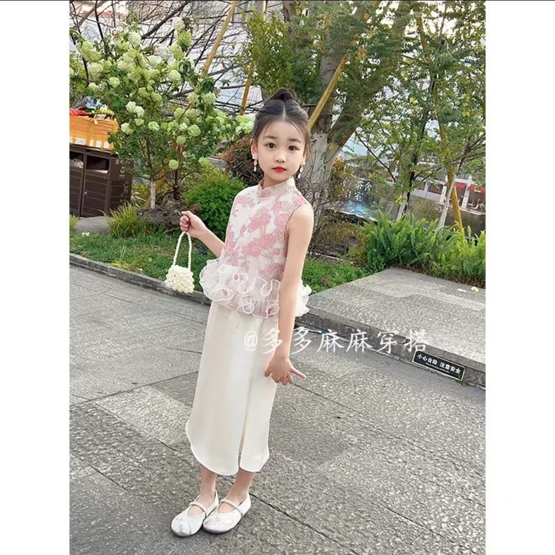 女童套装2025夏季新款国风碎花复古无袖上衣新中式儿童两件套裙潮