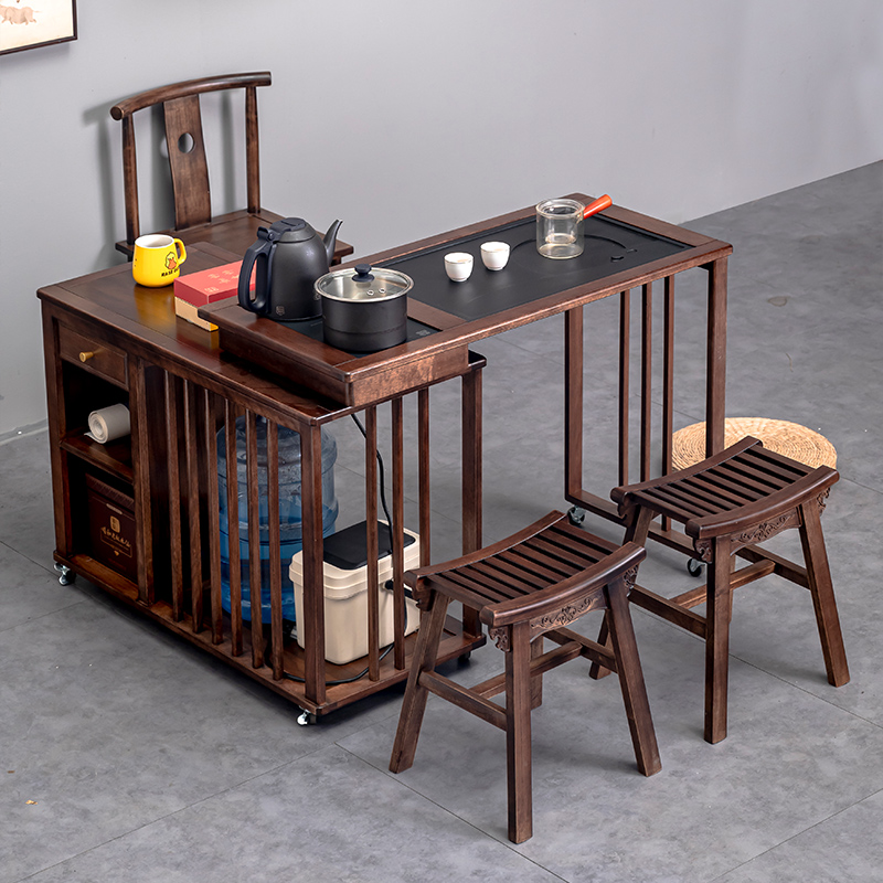 实木茶台可移动旋转茶桌阳台客厅一体茶水柜多功能茶几烧水壶套装