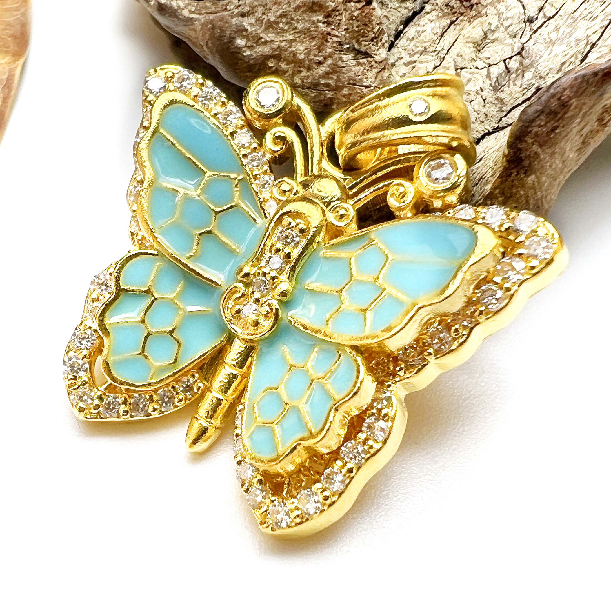 【花丝蓝翅-蝴蝶-吊坠】足金999【镶嵌款】【黄金首饰】