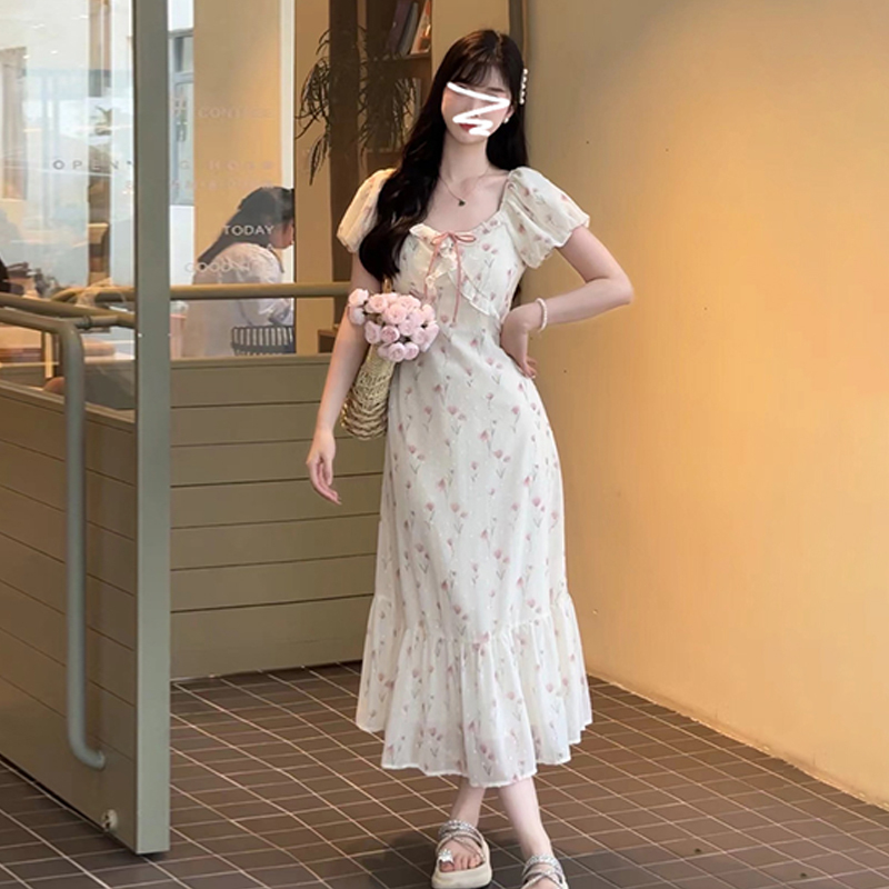 2365泡泡袖碎花连衣裙子女夏季茶歇法式梨形身材海边度假长裙