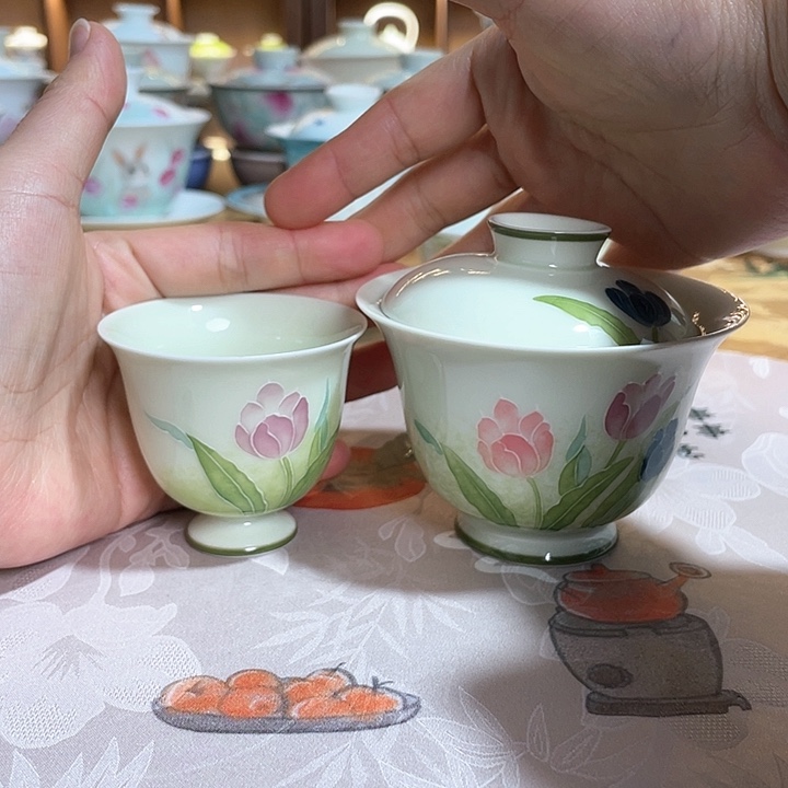 【闪购商品】瓷片郁金香盖碗+官配杯