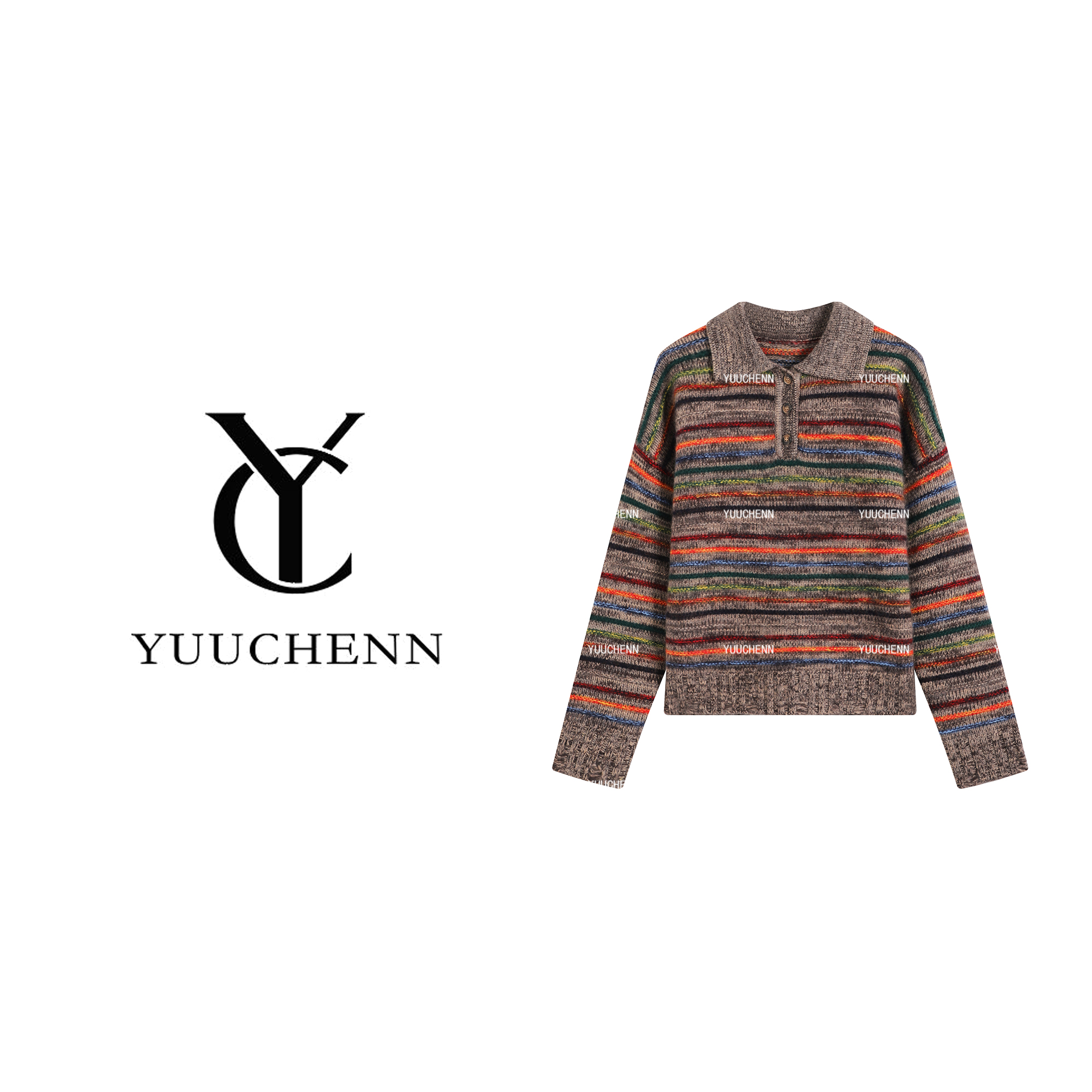 YUUCHENN羊绒长袖宽松型厚款条纹毛针织衫复古休闲25C-W62920
