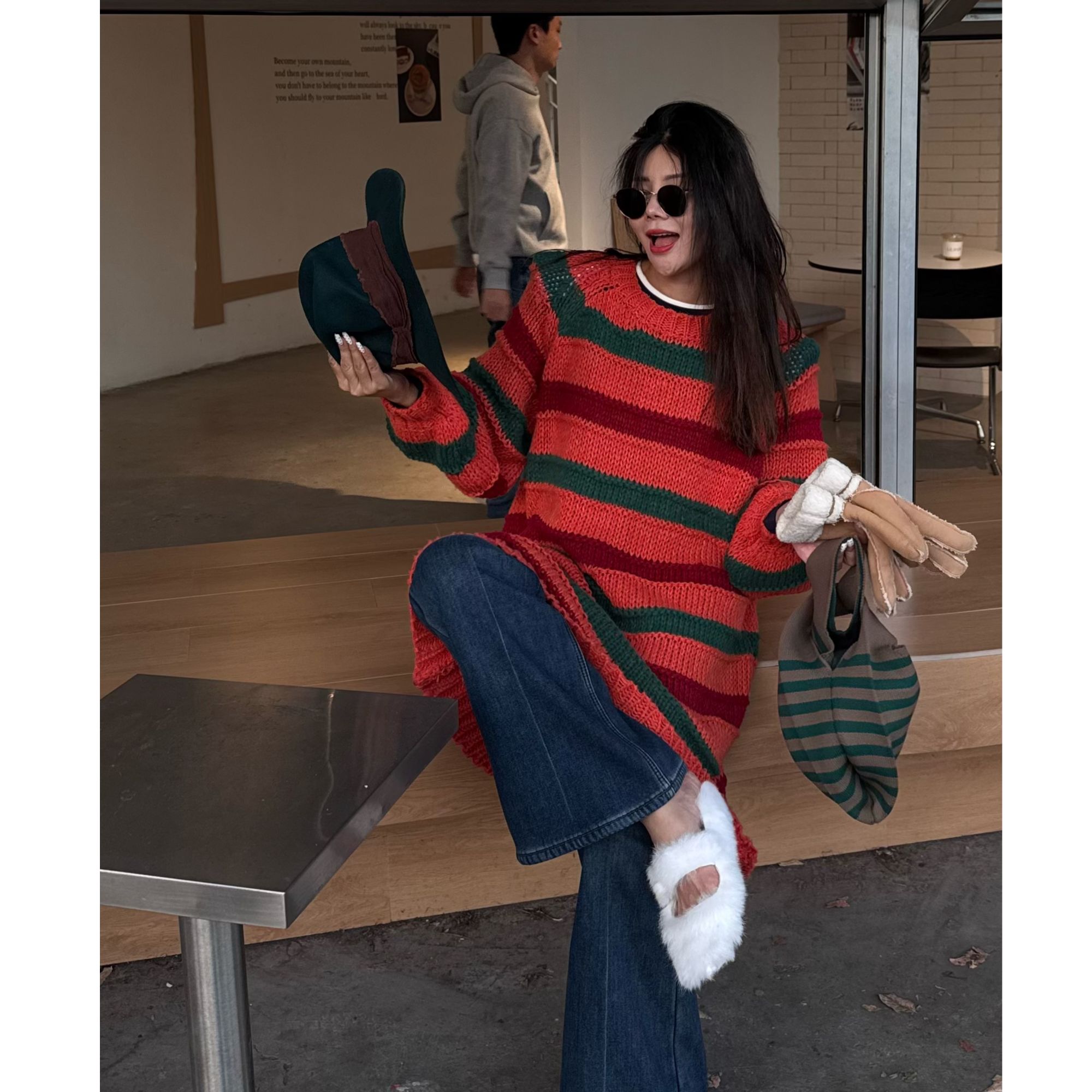 【花漾花海】吉吉慵懒宽松条纹针织撞色毛衣连衣裙#5130 C100