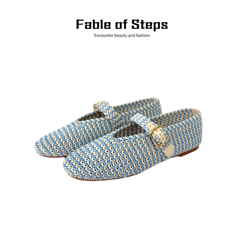 鼎新拉菲草编织平底鞋 法式浅口一字扣带玛丽珍圆头真皮女X042