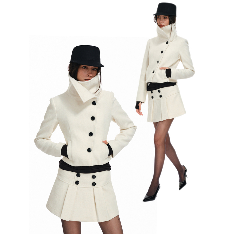 Two little guys*古早羊毛呢大翻领短外套+双排扣防走光呢子短裙