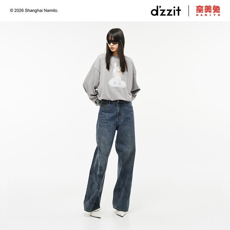 【奈美兔联名款】dzzit地素牛仔裤26春复古印花阔腿裤子女3K1XR411S