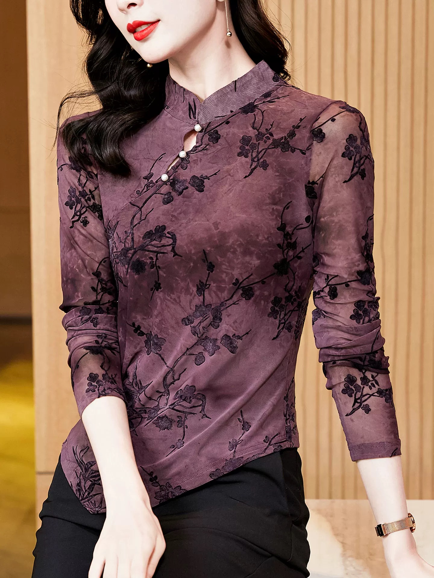 新中式气质网纱打底衫女内搭秋冬长袖T恤国风小衫不规则上衣