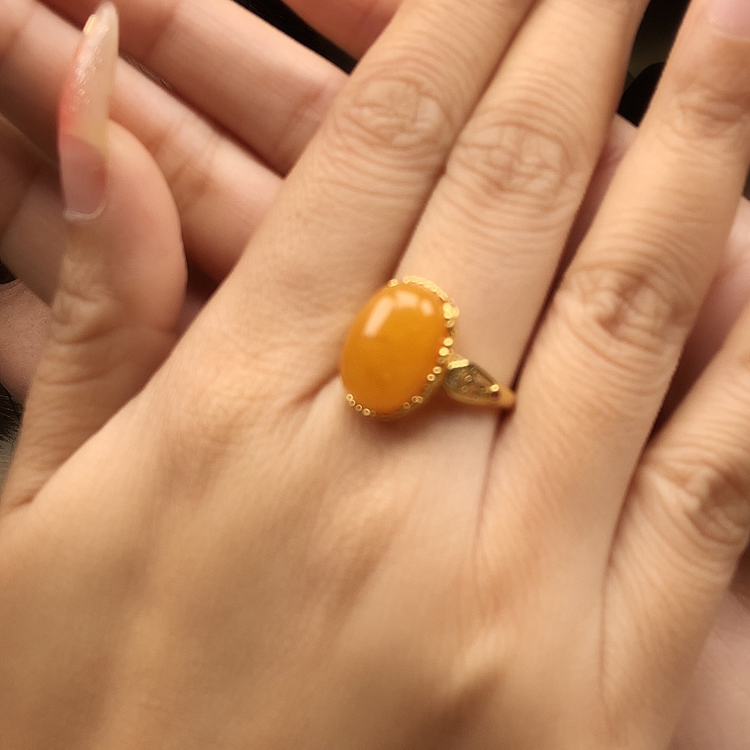 蜜蜡戒指银S925镶嵌戒指