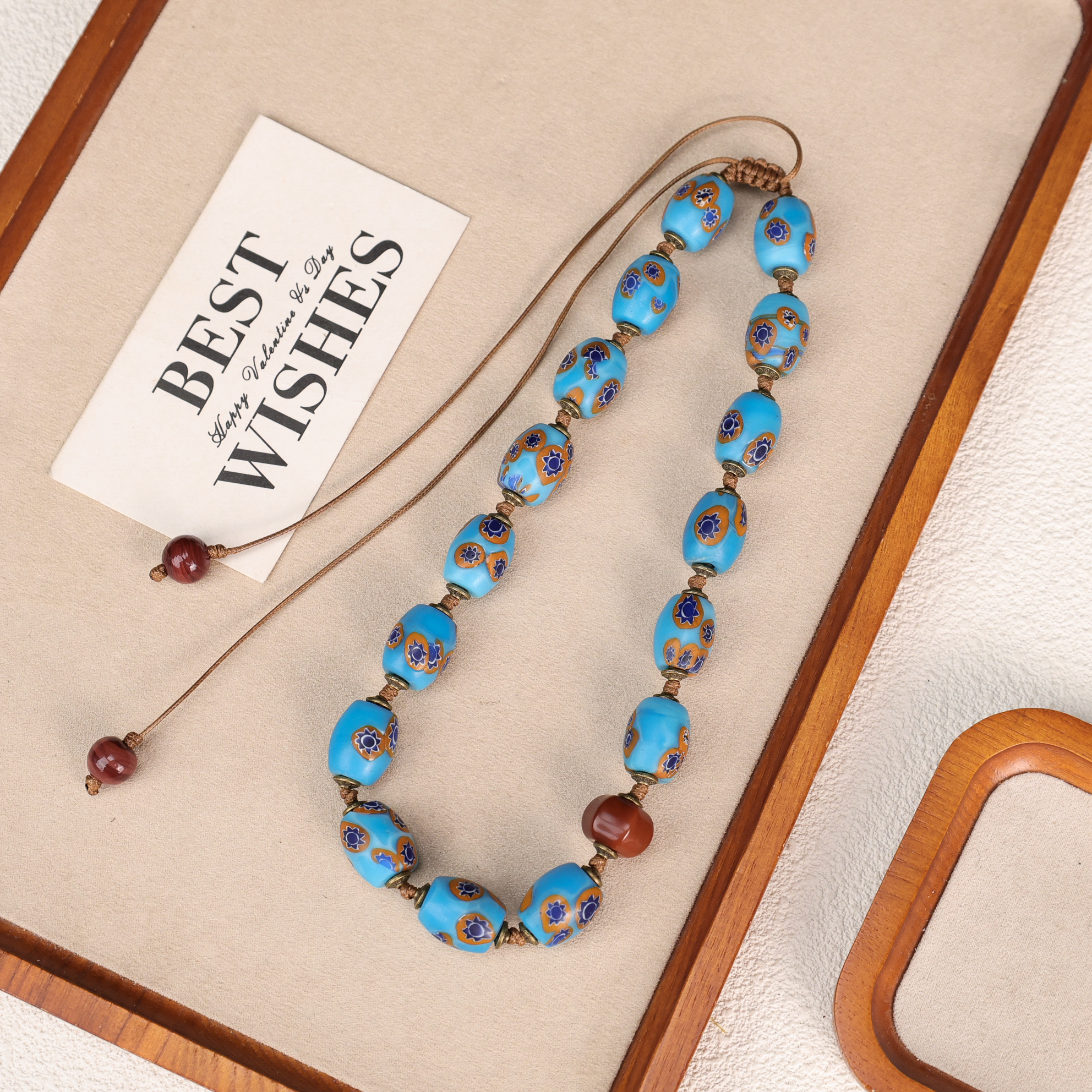 合金琉璃项链 LZ5254蓝色太阳花尼泊尔宫廷核形恼恼绳编琉璃项链