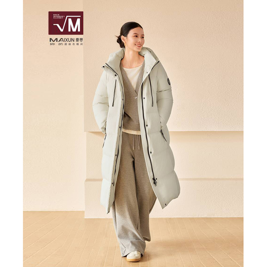 YRLZS10B麦寻2025冬极简风廓形羽绒服女长款连帽宽松保暖外套冬季