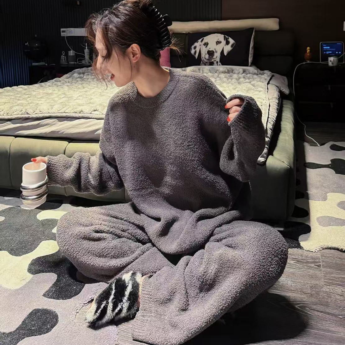 秋冬宽松加绒半边绒可外穿圆领舒适家居服套装