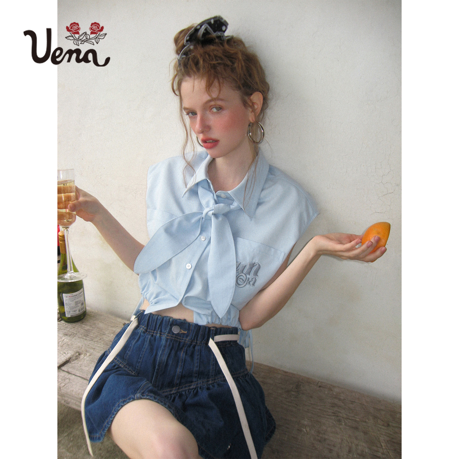 【美娇粉丝专属】下摆抽绳无袖衬衫附领带+抽褶分割A字牛仔半身裙