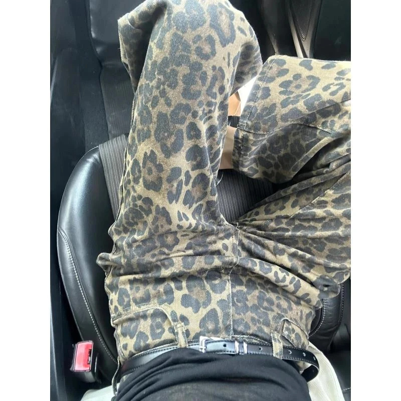 美式辣妹豹纹阔腿牛仔裤女2025春季新款宽松显瘦垂感直筒拖地裤子