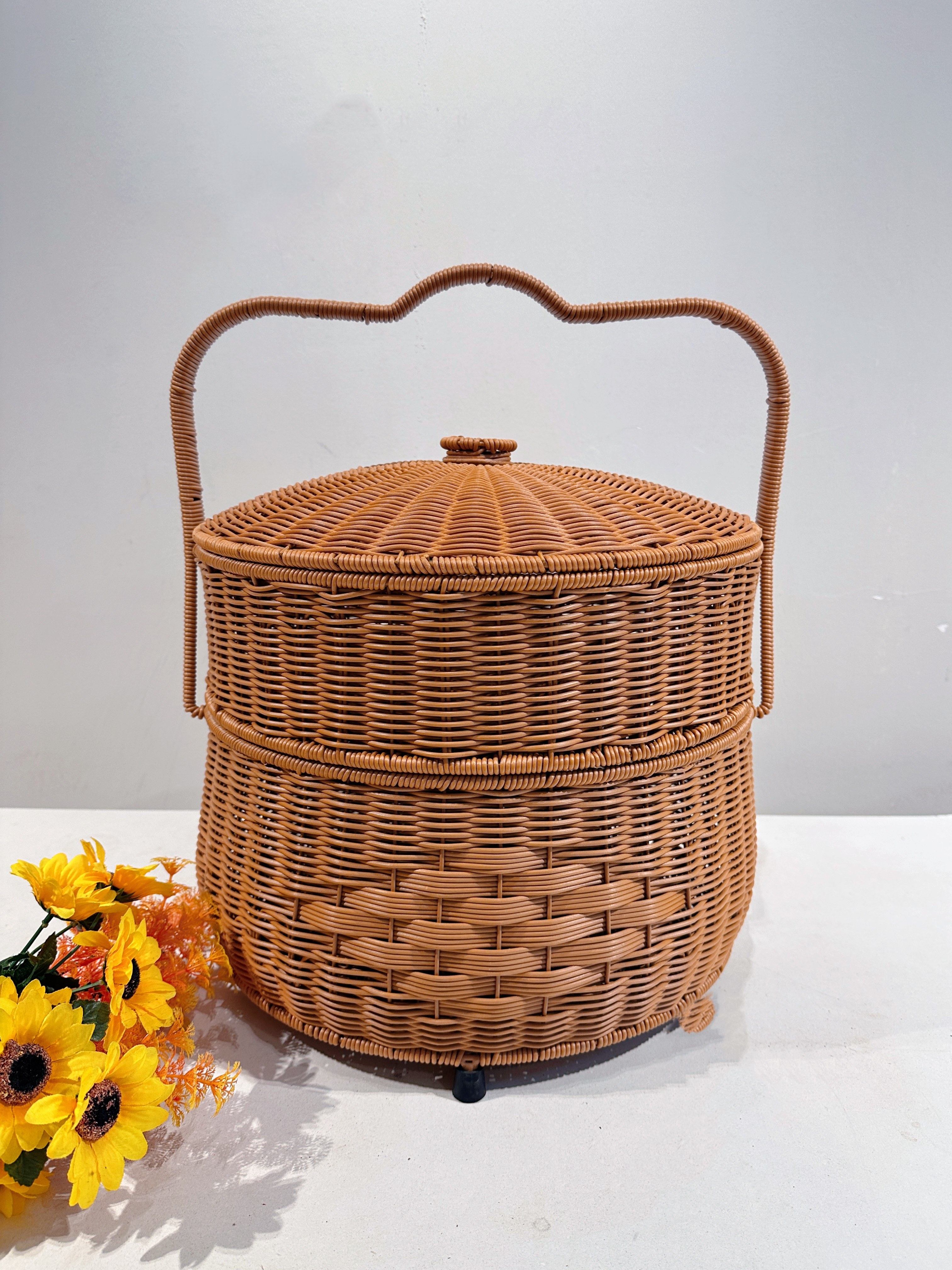 TB11圆形双层带脚拜拜篮带盖提篮户外家用菜藤编手提篮收纳提餐