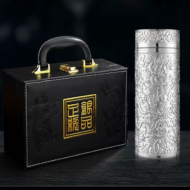 复古九龙杯银杯子商务创意水杯茶漏高端高档双层隔热银离子保温杯