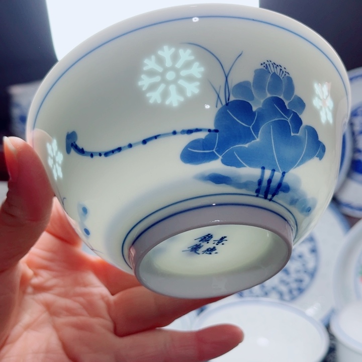  青花玲珑5寸饭碗手绘荷花