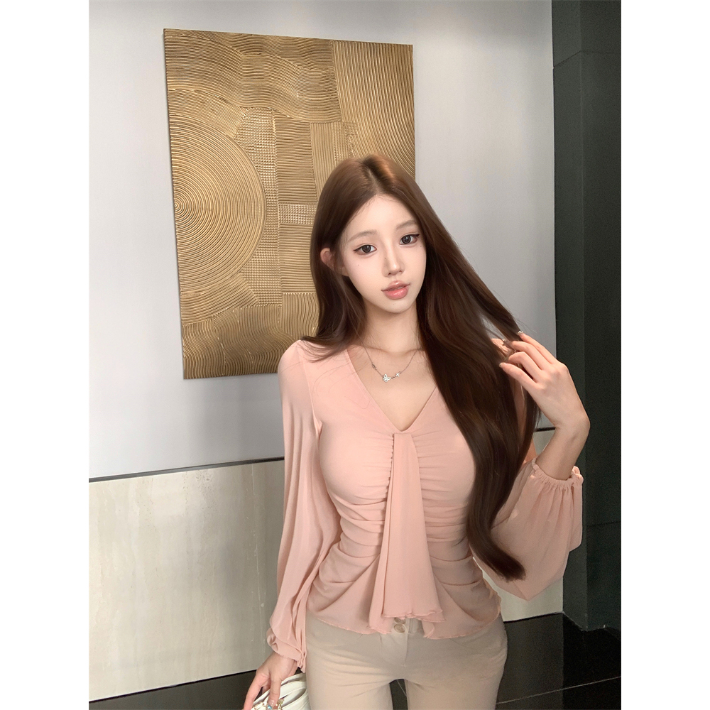 【雾色撩人】温柔纯欲氛围感修身褶皱v领弹力长袖T恤上衣22310#